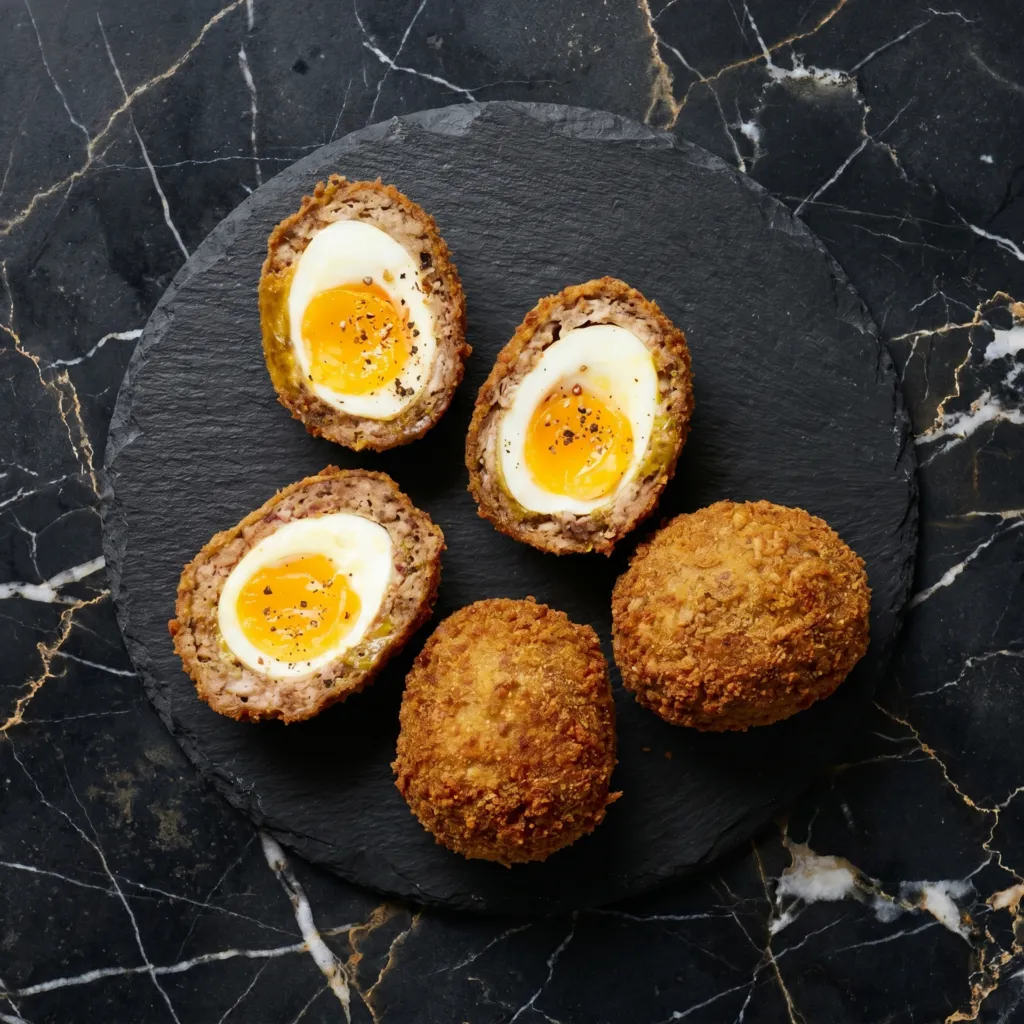 Scotch Eggs (Soft Jammy Yolk, Crispy Sausage Shell)