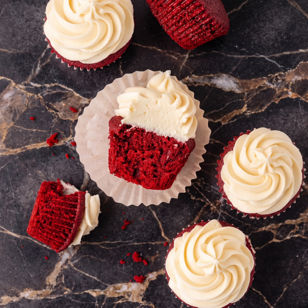 Red Velvet Cupcakes: Pretty. Velvety. Cream Cheese Crowned.